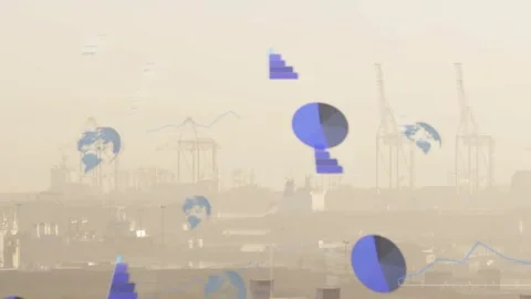 On data tick blue info cluster fading dropping scaling and settling over hazy Stock Footage 322204277