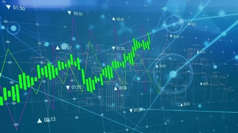 On data tick green candle chart falling rising bouncing settling over blue grid Stock Footage 333859581