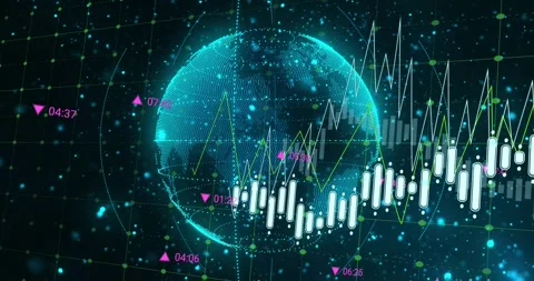 On data tick teal point-grid globe rotating and candle chart shifting right to Stock Footage 329908603