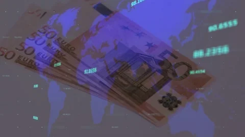 Data tickers updating, 50€ notes fading from top-right, fanning over world map, Stock Footage 329576041