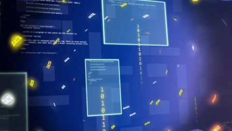 Data tokens and panels forming vortex after binary streams aligning, showing Stock Footage 332686099