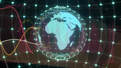 Data traces rising from left sending wave pulses while holo globe rotating Stock Footage 335465760