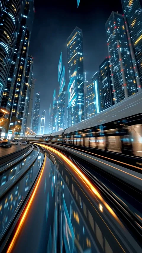 Data Train Running Through a Futuristic City at Night Stock Footage 312806524