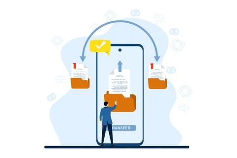 Data transfer and document concept with characters. File copy, data exchange. Illustrazione stock