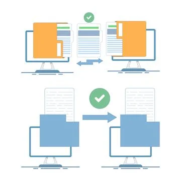 Data transfer and open folder set featuring document storage, file access. Stockillustratie