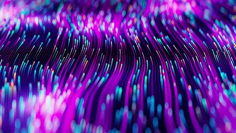 Data transfer background. Looped. Dot terrain violet, purple, blue tracks. Light Stock Footage 255489723