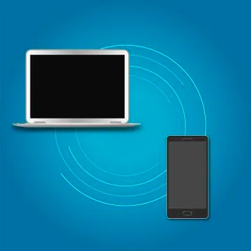 Data transfer between laptop and black smartphone Stock Illustration