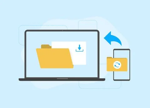 Data Transfer Between Mobile and Laptop concept. Secure Cloud Storage and Stock Illustration