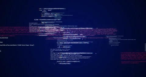 Data transfer, cybersecurity and code for futuristic server of AI testing, dark Stock Footage 284223564