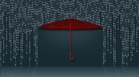 Data transfer as hanging rows of binary code style over protecting red umbrella Stock Illustration
