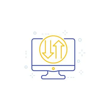 Data transfer icon on screen, line vector Stock Illustration