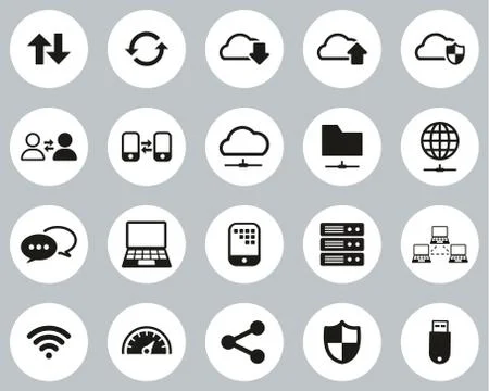 Data Transfer Icons Black &amp; White Flat Design Circle Set Big Stock Illustration
