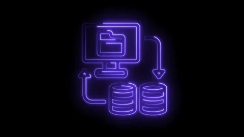Data transfer neon animation showing computer with file and two databases Stock Footage 312309083