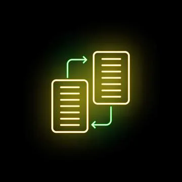 Data transfer neon icon syncing information documents Ilustração Stock