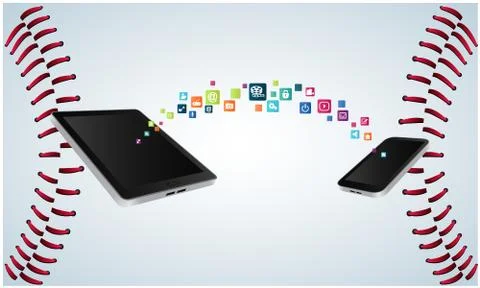 Data transfer from one electronic device to another on base ball texture 스톡 일러스트