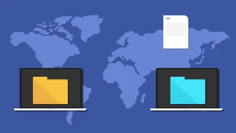 Data Transfer From One Laptop To Another laptop over world map background Stock Footage 241073054