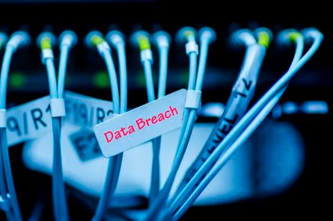 Data transfer by optical fibre on core network switch tagging with word DATA  Foto stock