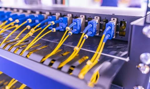 Data transfer by optical fibre information technology. Stock Photos