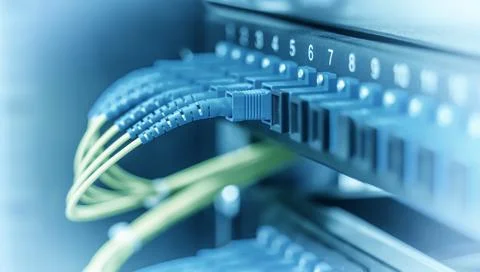 Data transfer by optical fibre information technology. Stock Photos