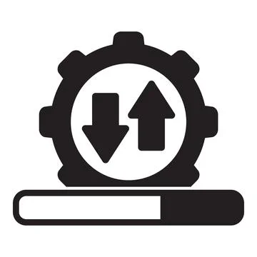 Data transfer progressing with upload and download arrows inside gear icon 스톡 일러스트