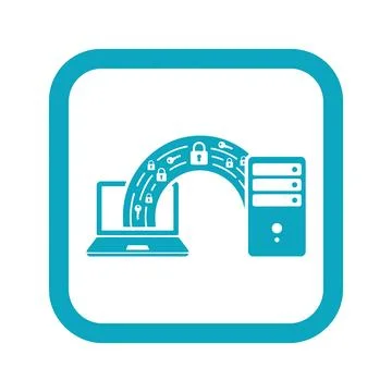Data transfer security icon with laptop and server connection. Stock Illustration