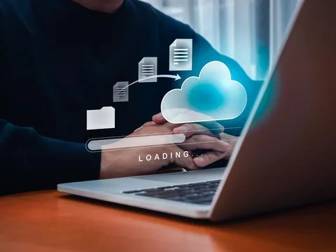 Data transfer service, file migration, backup files concept. Document from .. Stock Photos
