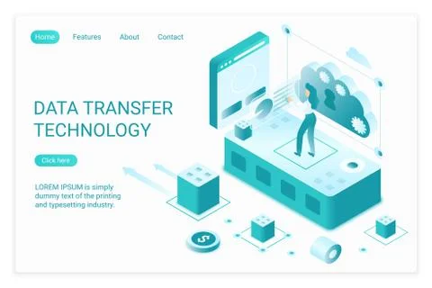 Data transfer technology landing page isometric vector template Stock-Illustration