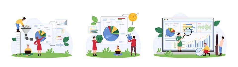 Data transformation in funnel process, wrangling analysis and audit by tiny Illustrazione stock