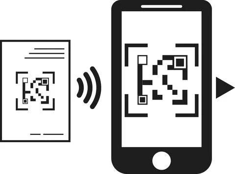 Data transmission by QR code via smartphone. 库存插图