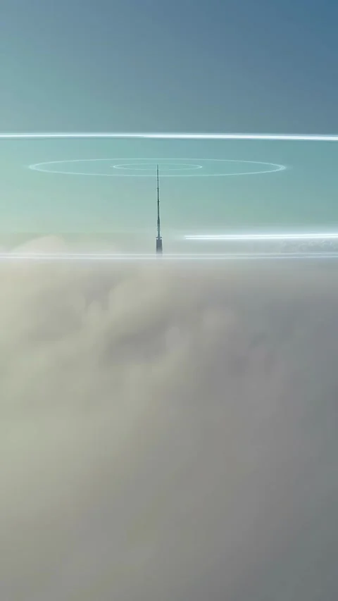 Data transmitter above the clouds with hud elements, signal animation Stock Footage 300227720