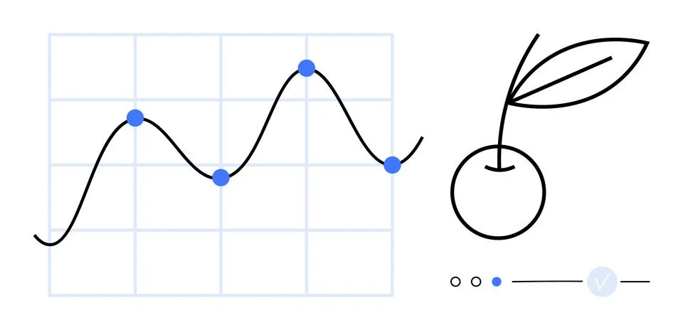 Data trend line on a graph with blue points, adjacent to minimalist cherry wi Illustrazione stock