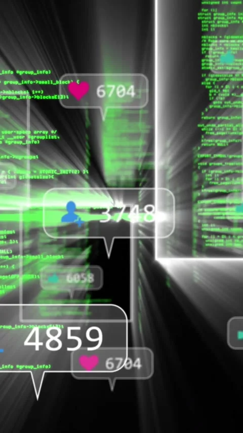 Data tunnel pushing forward, sending blue icon bubbles and pink hearts showing Stock Footage 334382105