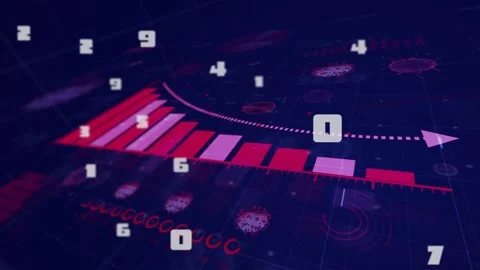 On data update 3D bar chart stepping down, dotted guide arcing and cubes Stock Footage 333689286