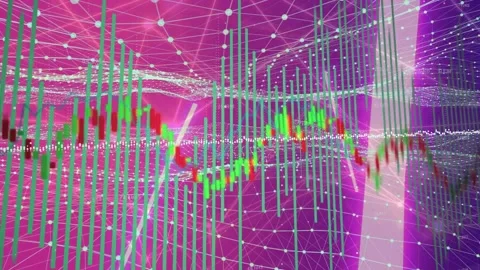 On data update, 3D chart moving candles rising, dipping, teal bars sliding, Stock Footage 335480836