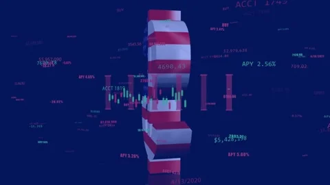 On data update, 3D dollar-sign rotating and tilting as candlesticks sliding to Stock Footage 335235654