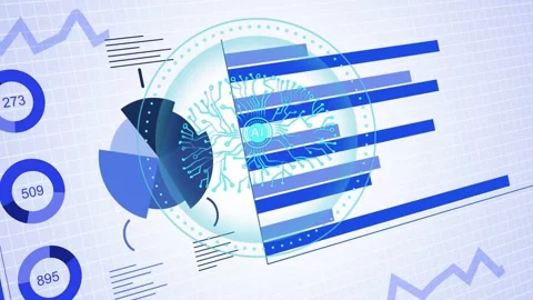 Data update animating dashboard: AI emblem rotating, pie opening, bars Stock Footage 334351919