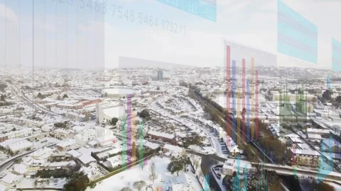 Data update arriving, animated charts overlaying snow town, panning right, Stock Footage 322120273