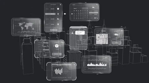 Data update arriving, HUD cluster updating and linking to wireframe city, Stock Footage 333648606