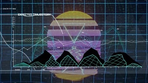 On data update central banded sun pulsing, driving graphs rising and showing Stock Footage 335480826
