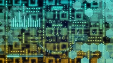 On data update central concentric HUD rotating hex grid pulsing bars varying for Stock Footage 335212025