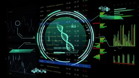 On data update central HUD DNA helix rotating while blue selection moving to Stock Footage 334725047