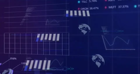 On data update dashboard animating bars, area and line charts, globe icons Stock Footage 330255124