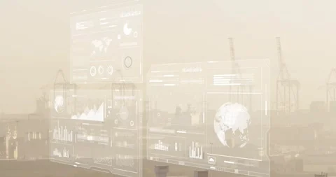 On data update dashboard emerging over port, panels pulsing, charts updating to Stock Footage 322119716