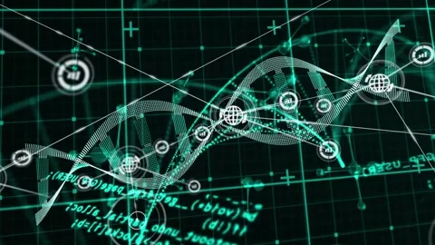 On data update DNA helix rotating, nodes locking on, thin lines drawing, Stock Footage 331046031