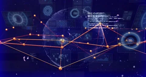 On data update, dotted 3D globe and orange node mesh rotating, reshaping to Stock-Footage 329533049