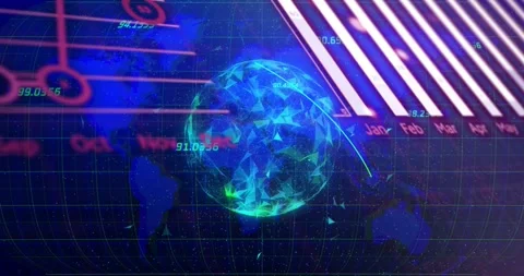 On data update, faceted globe glowing and orbiting, HUD elements updating to Stock Footage 329533141