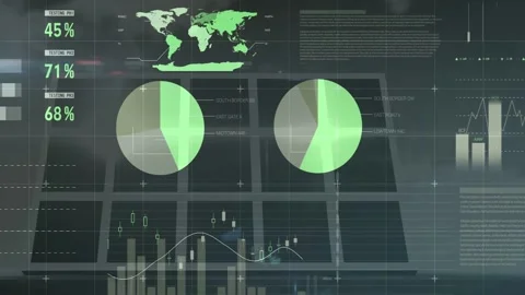 On data update finance HUD animating table gauges percents pie splitting bars Stock Footage 332565970