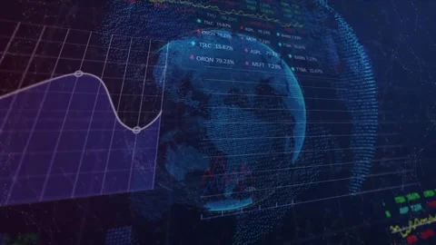 On data update globe animating while grid sliding in drawing finance curve and Stock Footage 332428495