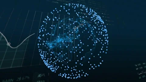 On data update globe rotating, clusters glowing while curved line graph Stock Footage 334178779