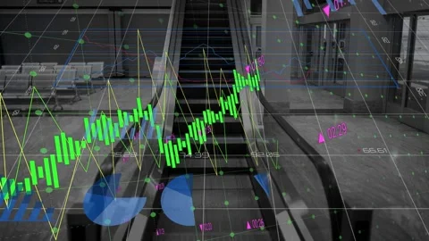 On data update green candle falling reversing across escalator bars pies Stock Footage 334242235